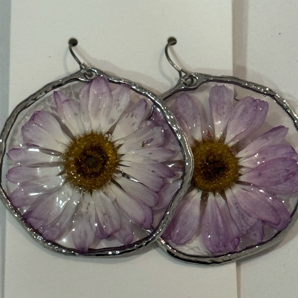 Purple and White Handmade Flower Earrings